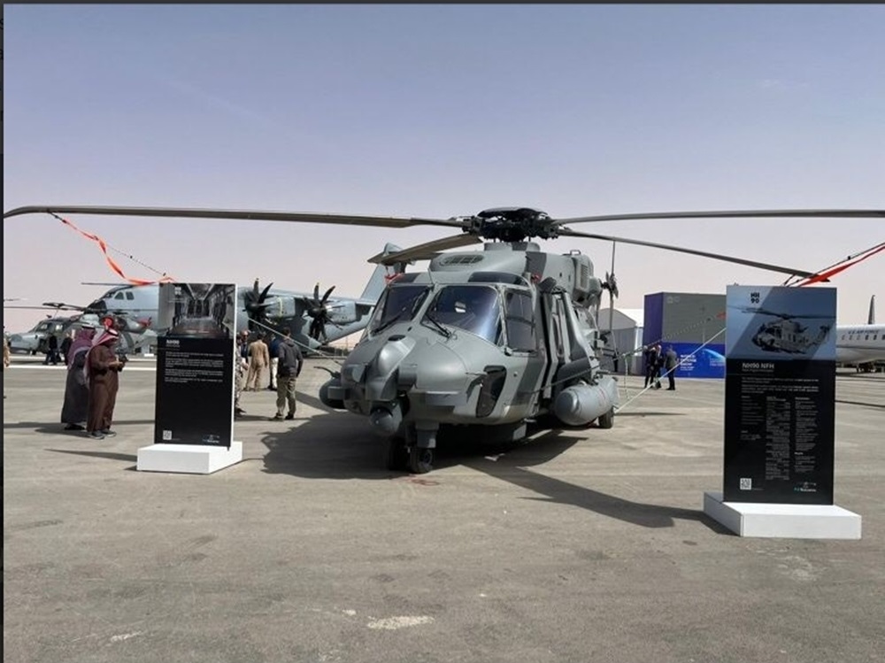 The NH90 helicopter is presented at the World Defense Show 2024 in Saudi Arabia.